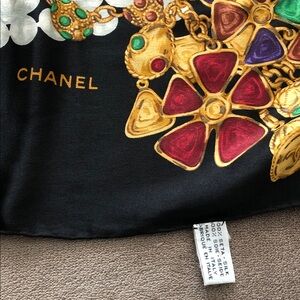 CHANEL Black Silk Scarf with Gold and Jewel Motif